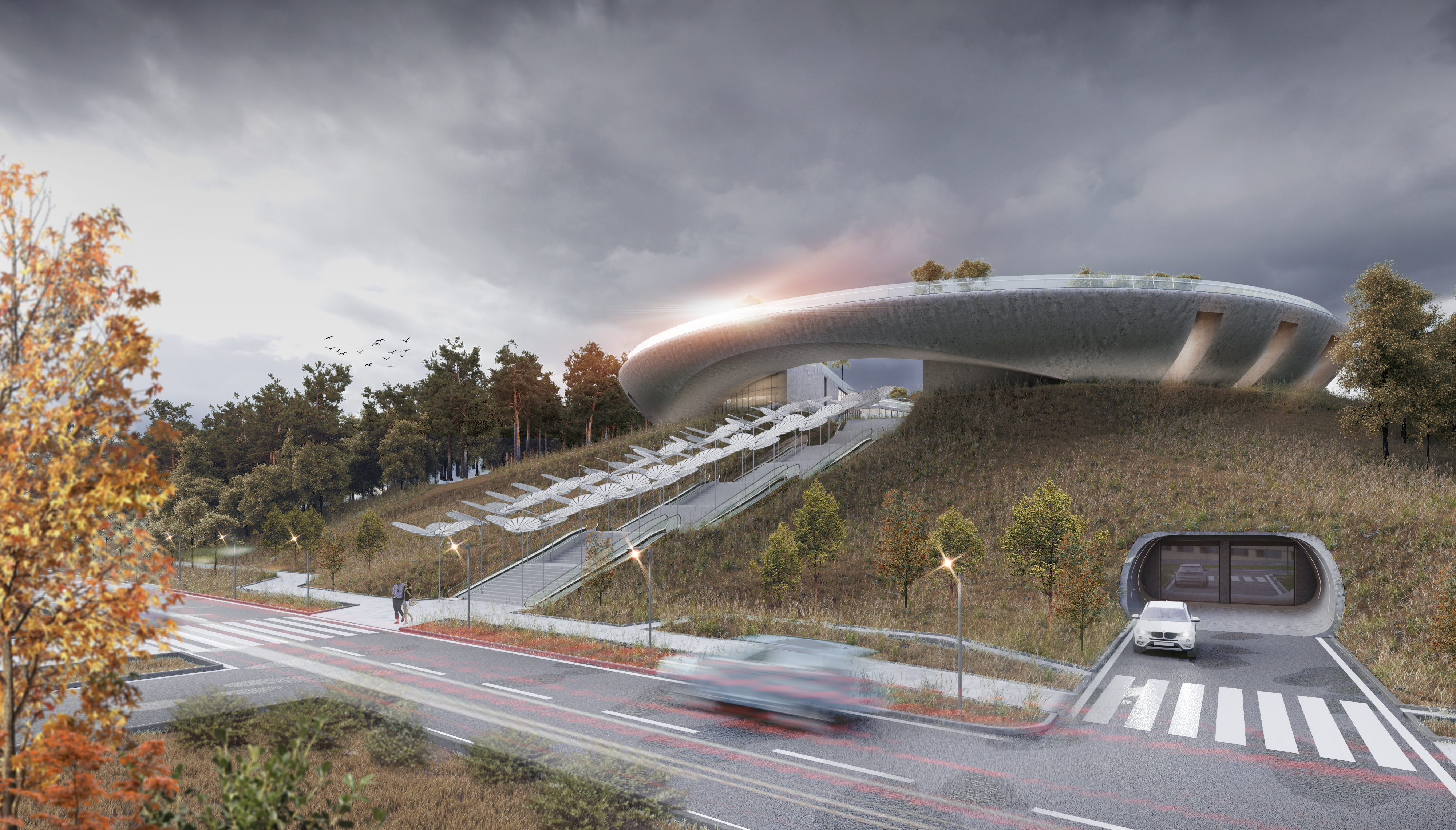 autumn visualization of a wellness center located on a picturesque hill