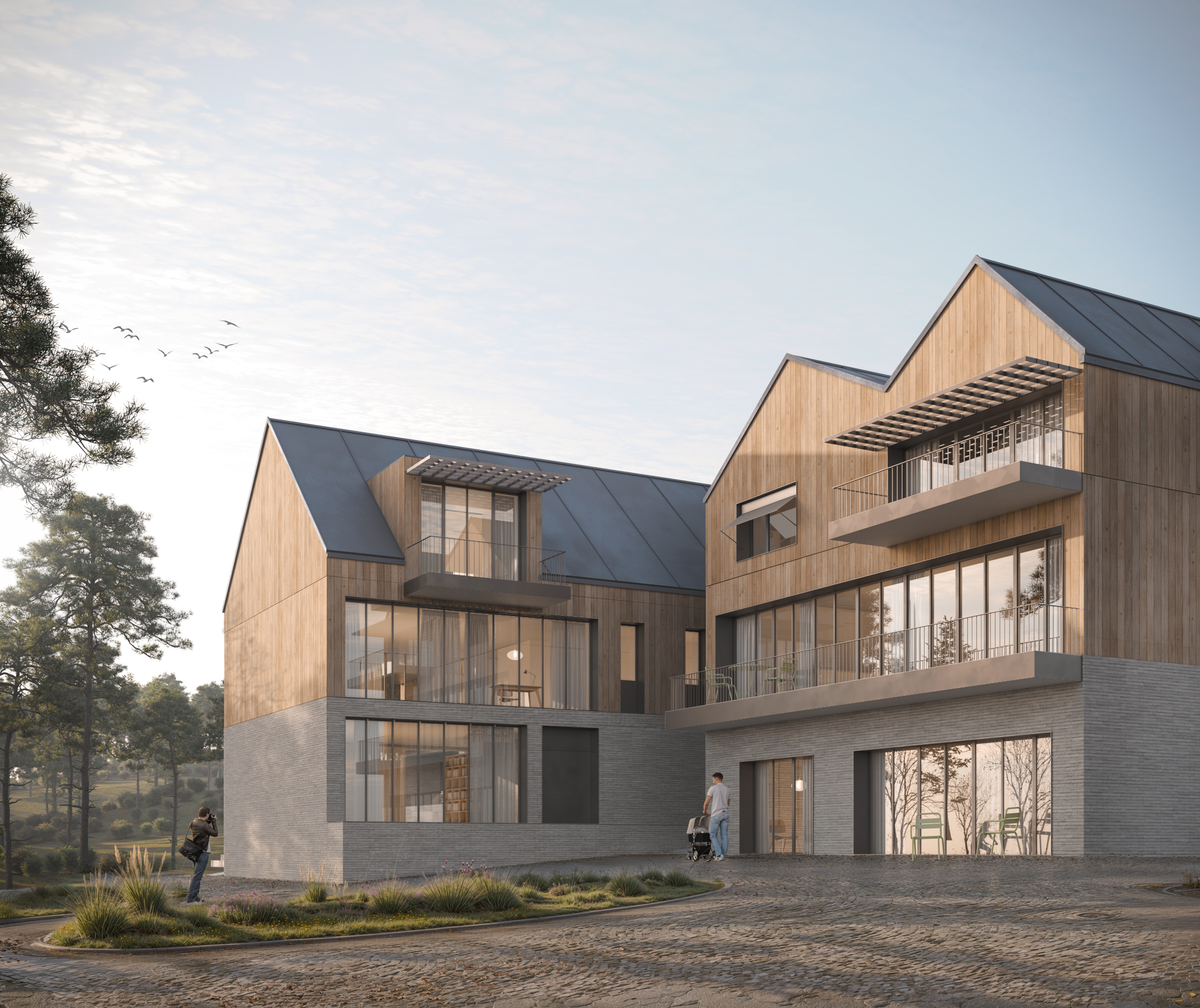 mysterious sunset next to a residential complex in scandinavian style, photorealistic 3d visualization