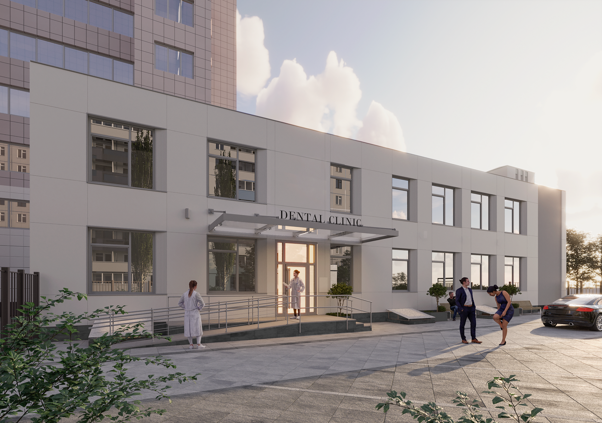 3d visualization of a dental clinick with beautiful facade in stucco, some people, during beautiful sunset