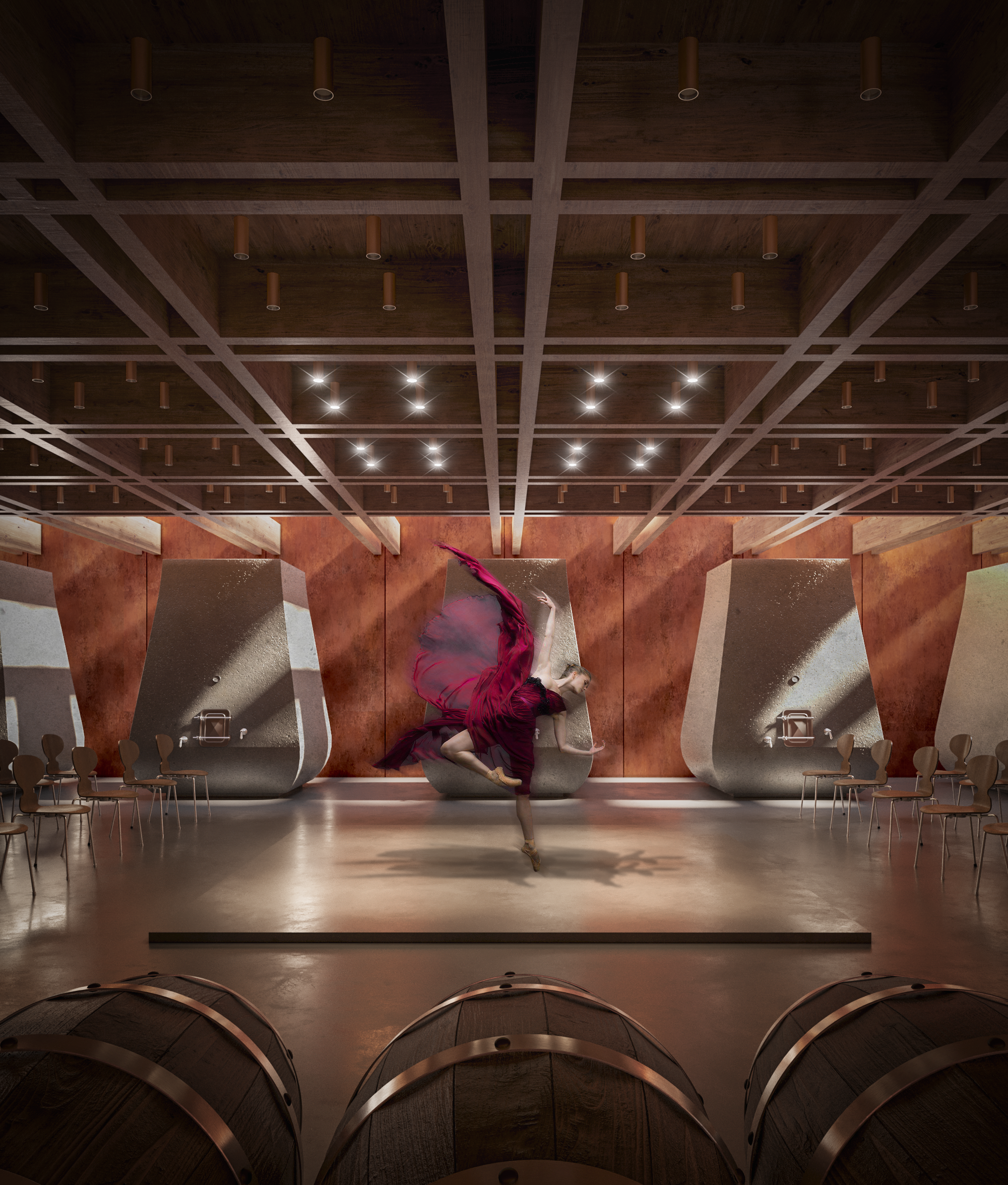 3d visualization of a concert hall in a small modern italian winery with wine barrels and a dancer