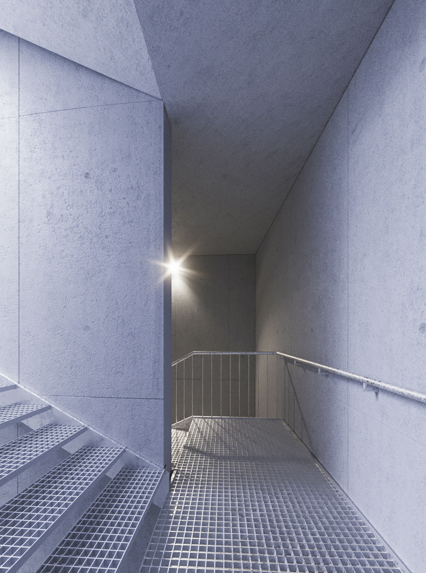 3d visualization of a metal staircase leading down to a dark and mysterious space