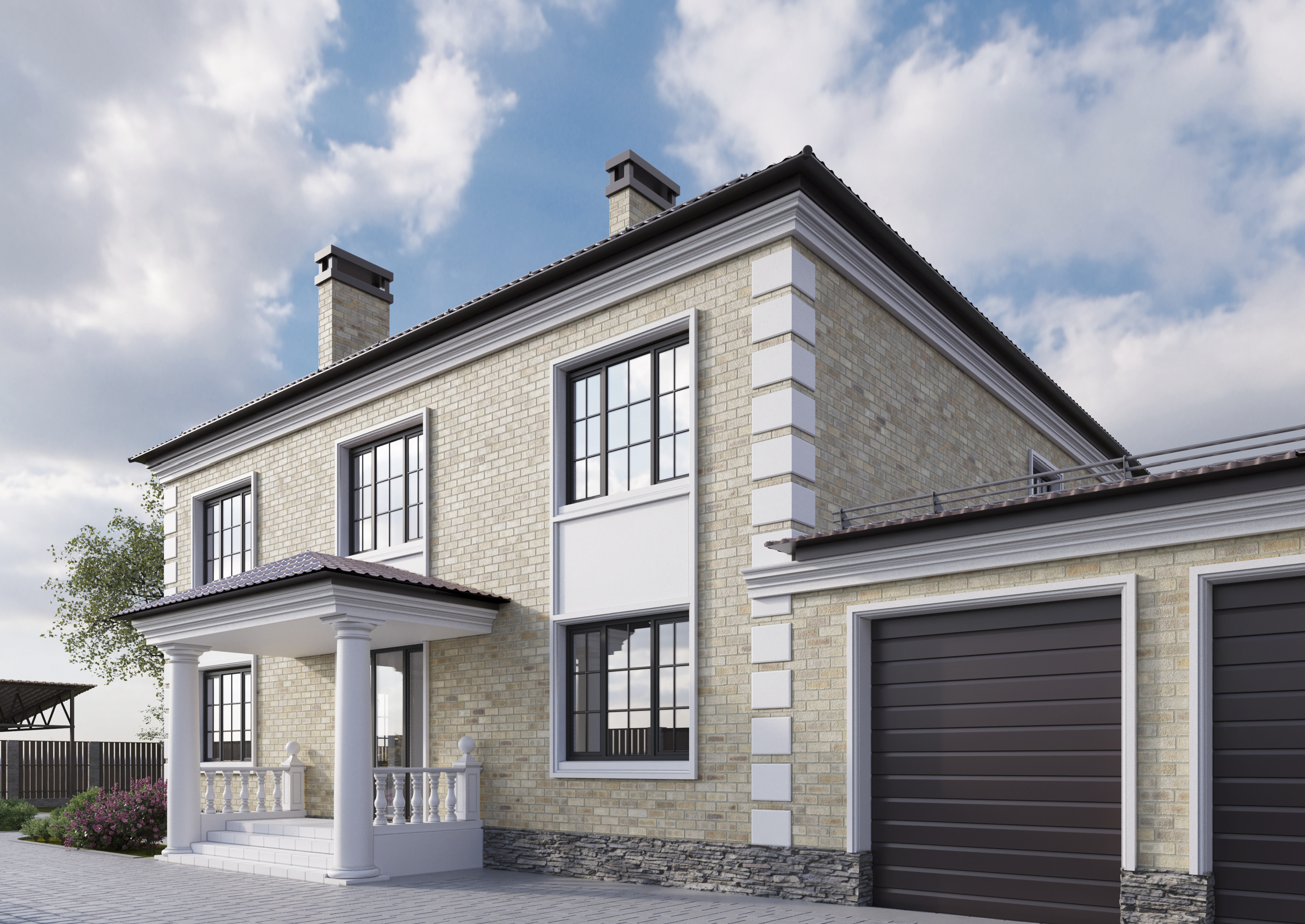 photorealistic visualization of a private house with classic facade in bricks