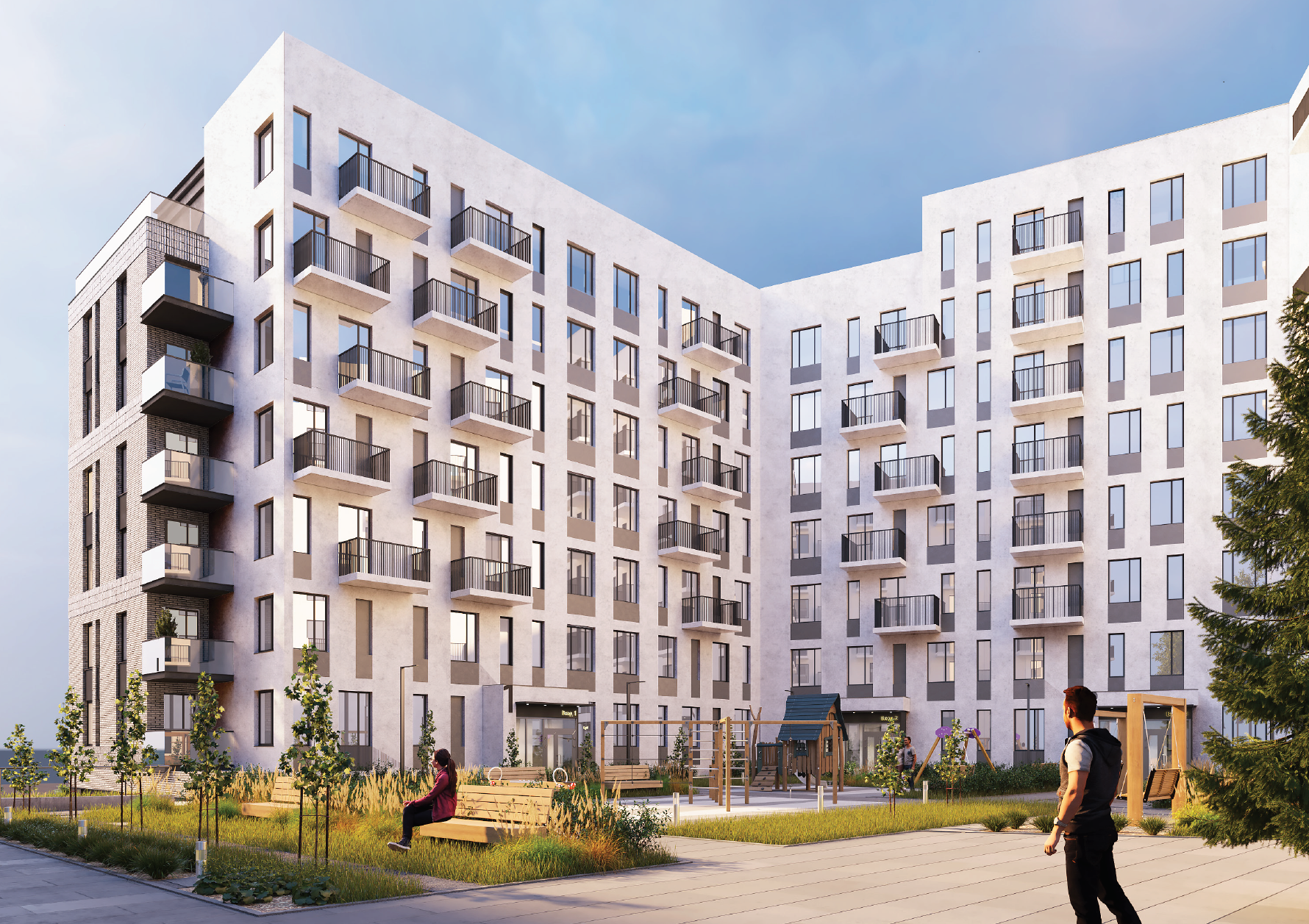 photorealistic 3d visualization of a residential complex, modern architecture, facade in stucco