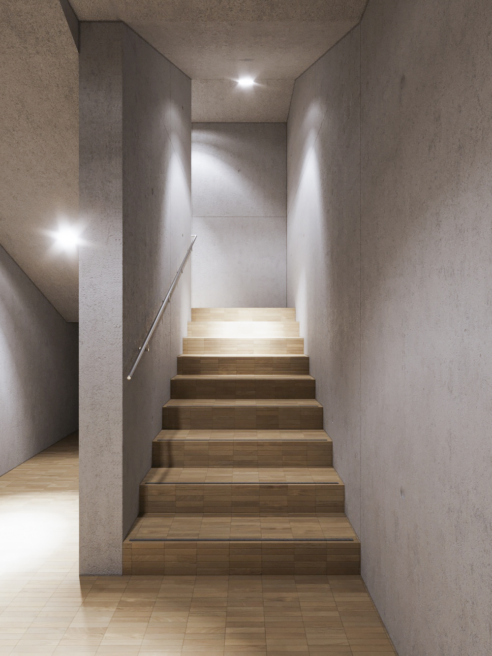 3d visualization of a staircase with pavement in industrial wood leading up
