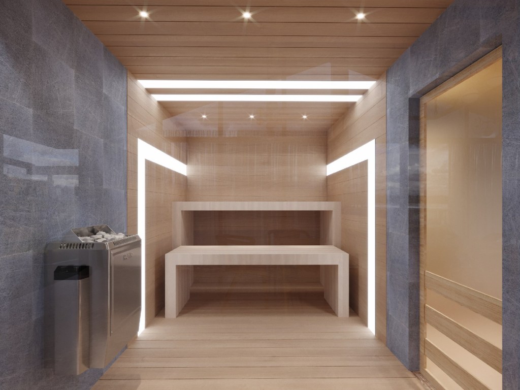 3d view of a sauna in wood and ceramic tiles