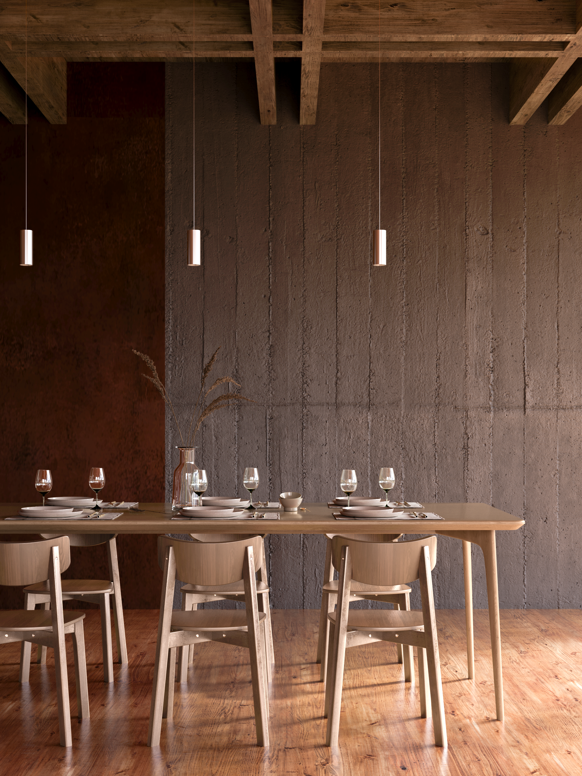 photorealistic view of a restaurant table in modern interior of a small italian winery