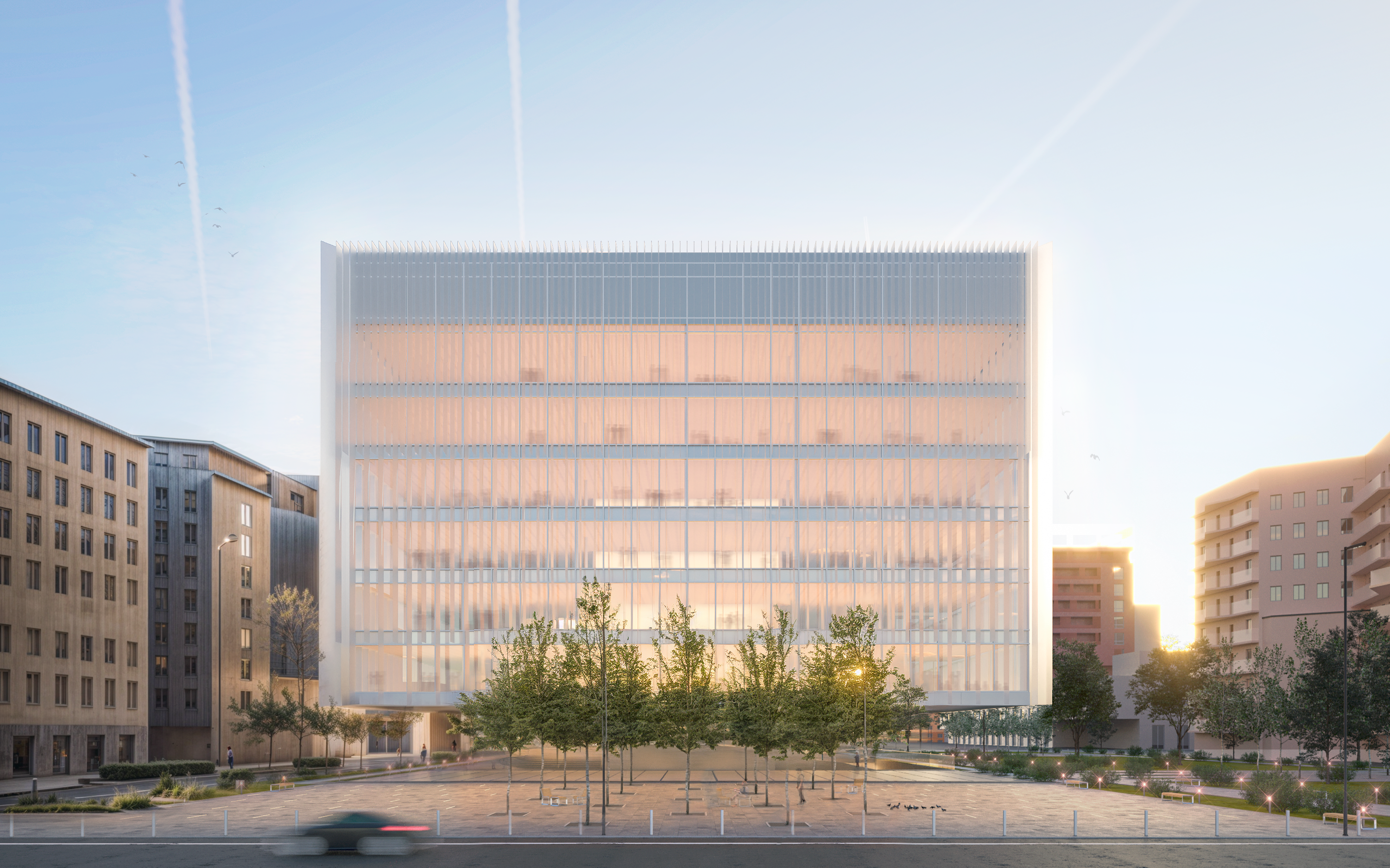 conceptual rendering of a modern library in Milan with facade made of plexiglass and curtain wall