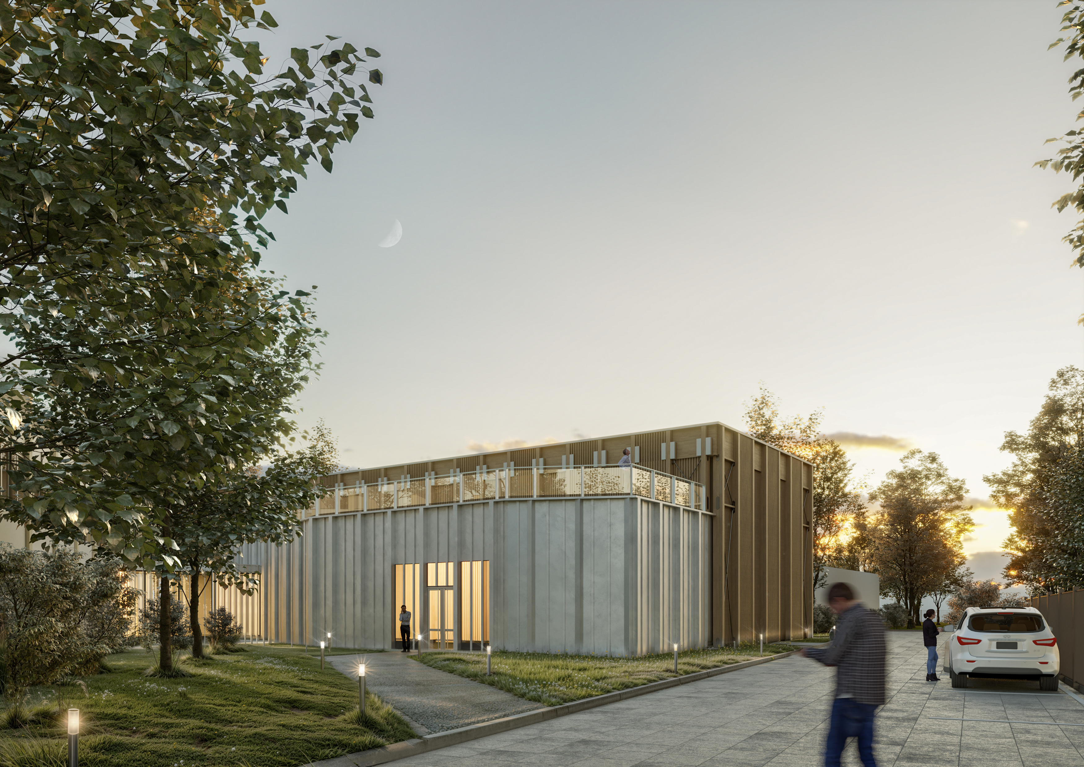 photorealistic visualization of a timber auditorium in Milan adjasent to a local school, its back facade