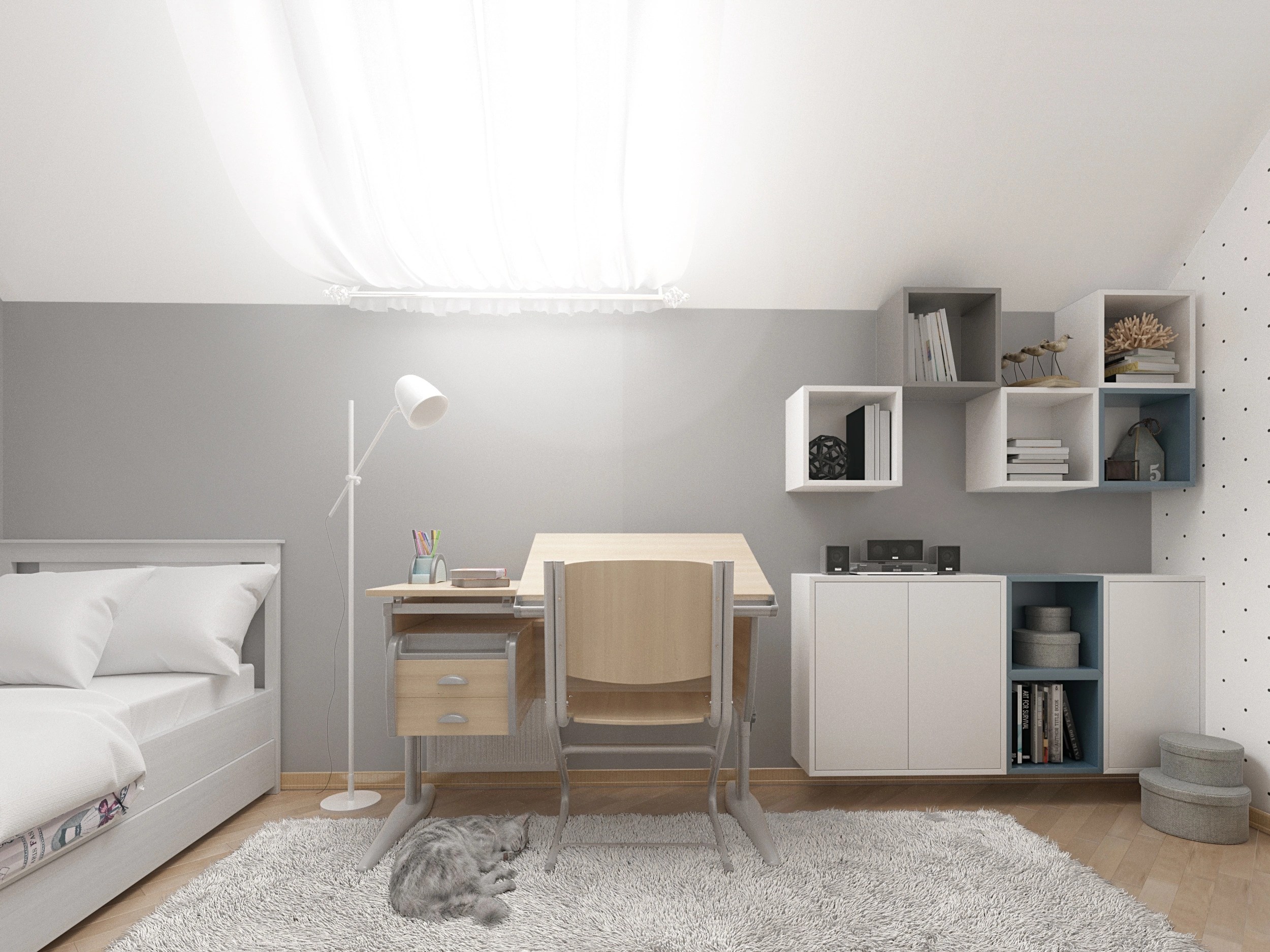 3d view of an interior of a bedroom with a cat sleeping in the foreground